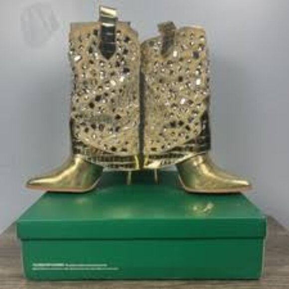 NIB- LAUREN LORRAINE METALLIC GOLD EMBELLISHED COWBOY BOOTS - Picture 1 of 4